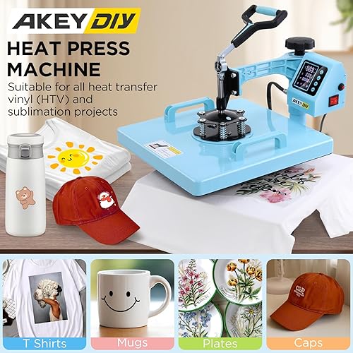 Miniatura 9 de AKEYDIY Prensa de calor, máquina de prensa de camisas de 15 x 15 pulgadas con accesorio de vaso de 30 onzas, sombrero de impresión de camisa de