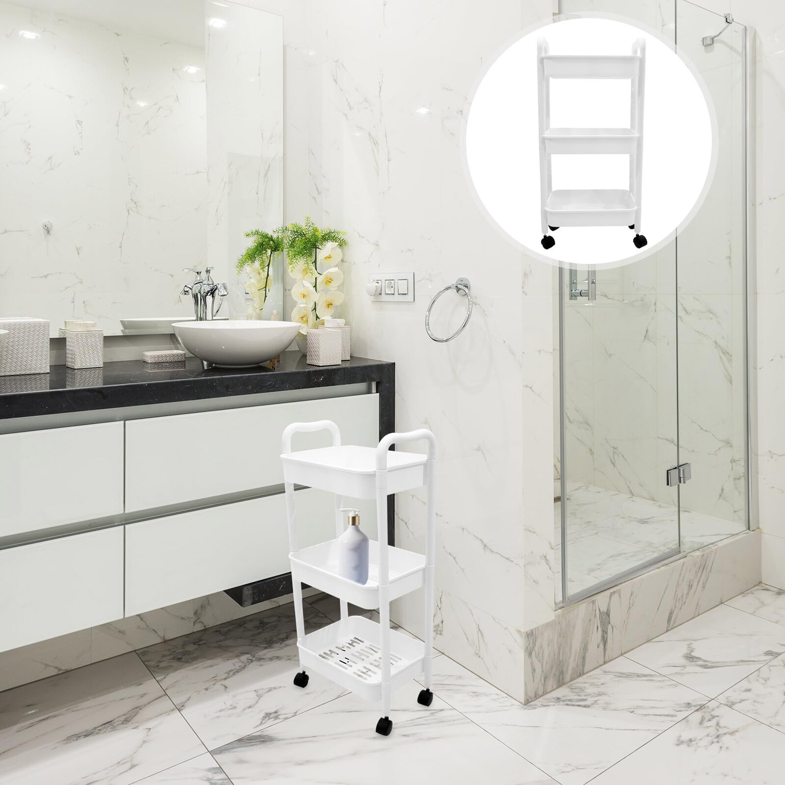 Carrello Multiuso Bianco con Ripiani Stretti e Ruote, Design Multifunzionale in Pp, Resistente e Compatto per Bagno e Ufficio, Scaffale Salvaspazio a Livelli