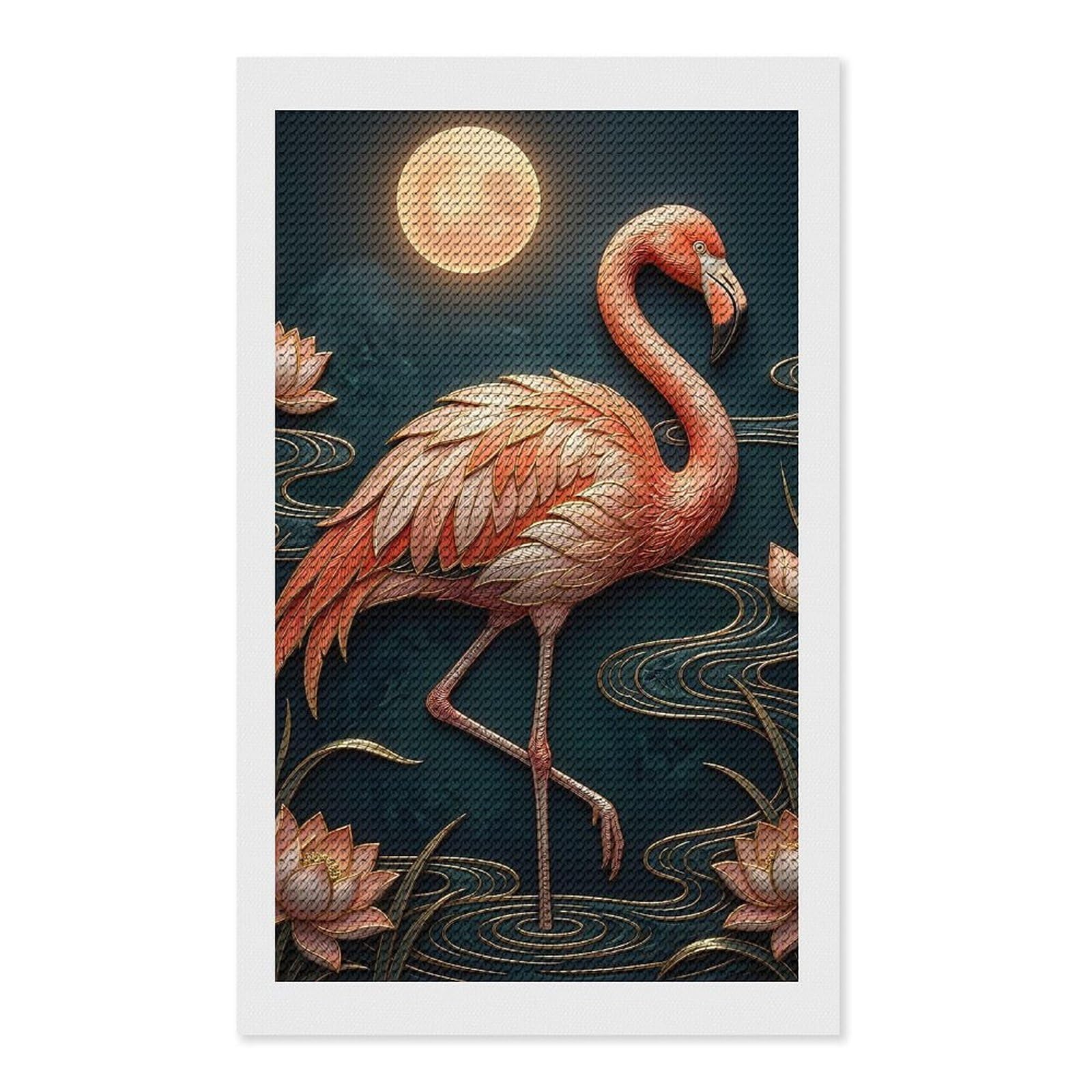 Junmoney Flamingo and Lotus Moonlit Scene DIY Diamond Art Canvas Kit 12"x20", for Teens, Finish and Display, Holiday Gift Idea, Vintage Style Decor