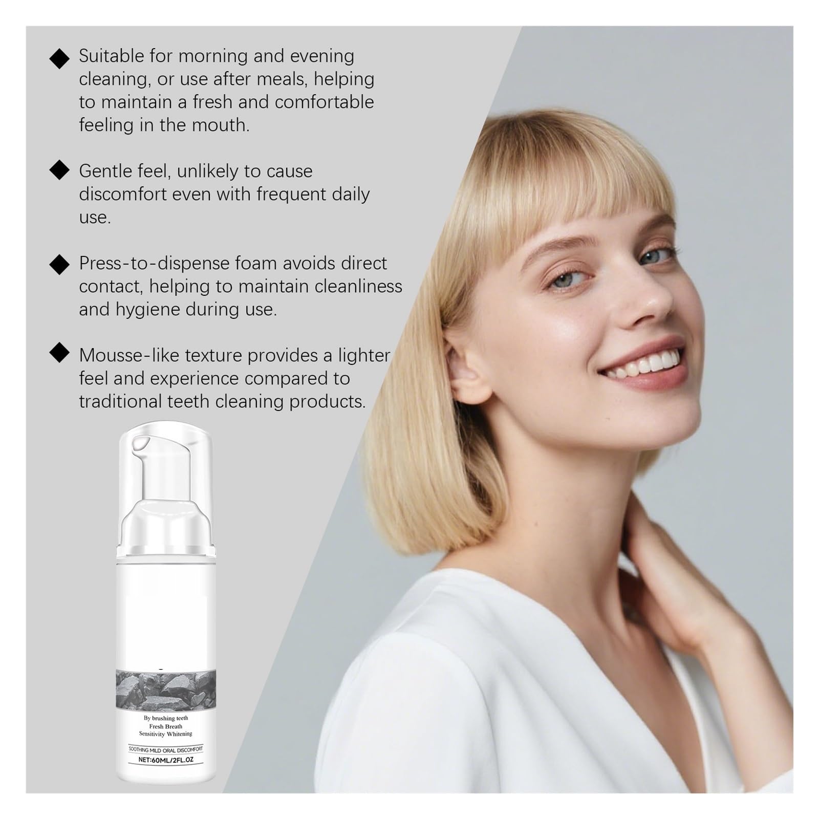Mousse Limpiador Dental 60ml: La textura espumosa limpia suavemente la de los dientes, haciendo que el cepillado diario sea más suave(2pcs)