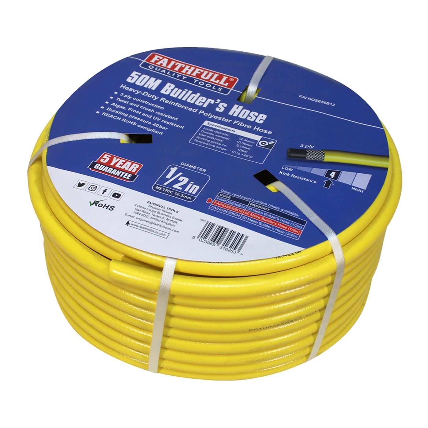 Faithfull Heavy-Duty Reinforced Builder's Hose 50m 12.5mm (1/2in) Diameter FAIH