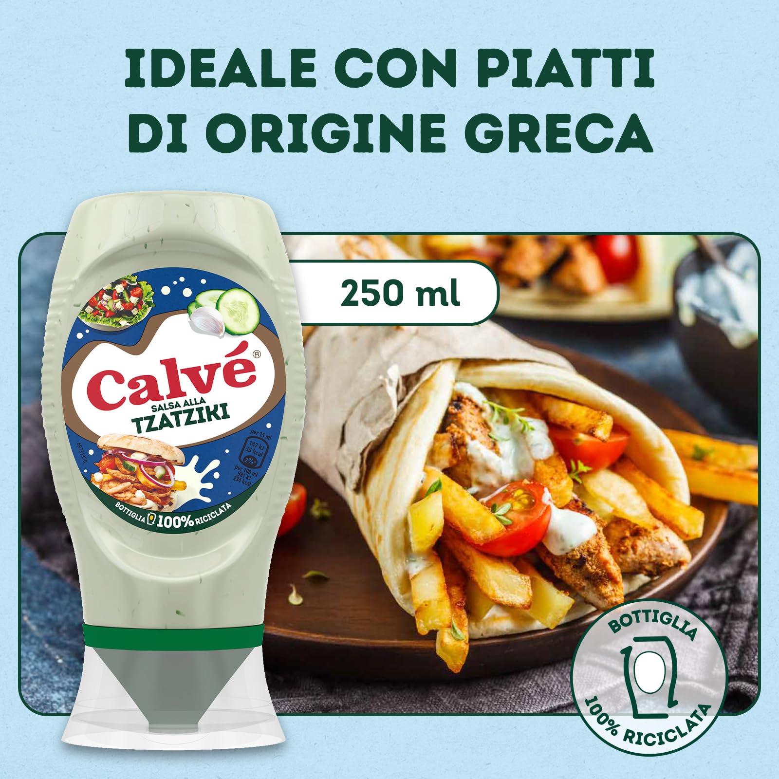 Calvé Salsa tzaziki, formato 250 ml, salsa tzaziki a base de pepino y ajo, ideal para pinzimonio, ensaladas, carne y pescado, sin colorantes, sin gluten, vegana.