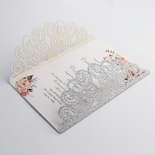 Miniatura 6 de Kyutong 50 invitaciones de boda con sobres y tarjetas Rsvp invitaciones de corte láser con purpurina plateada con cintas plateadas para invitaciones