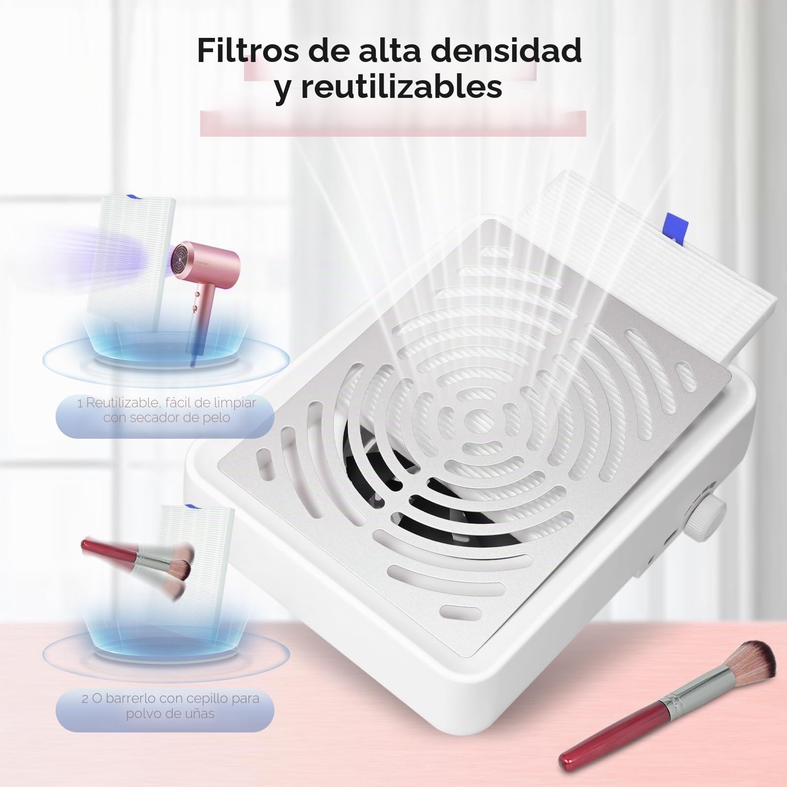 Rolokit Colector de polvo de uñas con lámpara y 50 filtros desechables y cepillo de polvo, aspiradora eléctrica de uñas, ventilador de polvo, máquina de succión para manicura, esmalte de uñas de gel