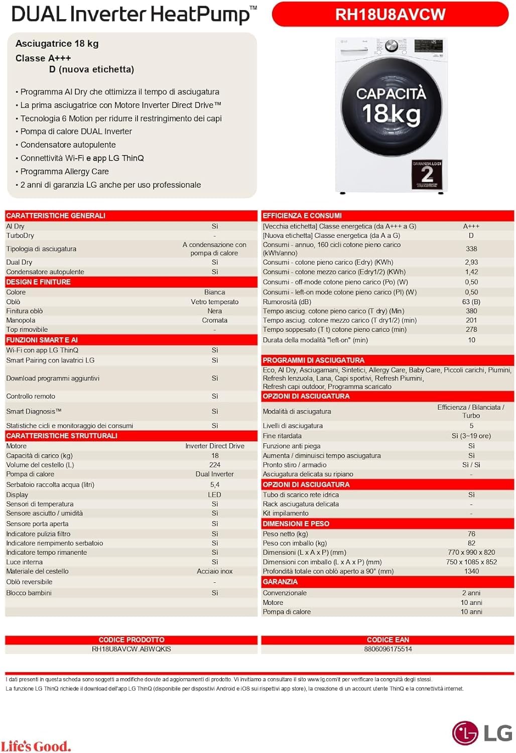 LG RH18U8AVCW Asciugatrice Smart 18kg, Classe A+++, Pompa di Calore DUAL Inverter, Motore Direct Drive, Intelligenza Artificiale AI Dry, Condensatore Autopulente, Wi-Fi, Serie U8, Bianca