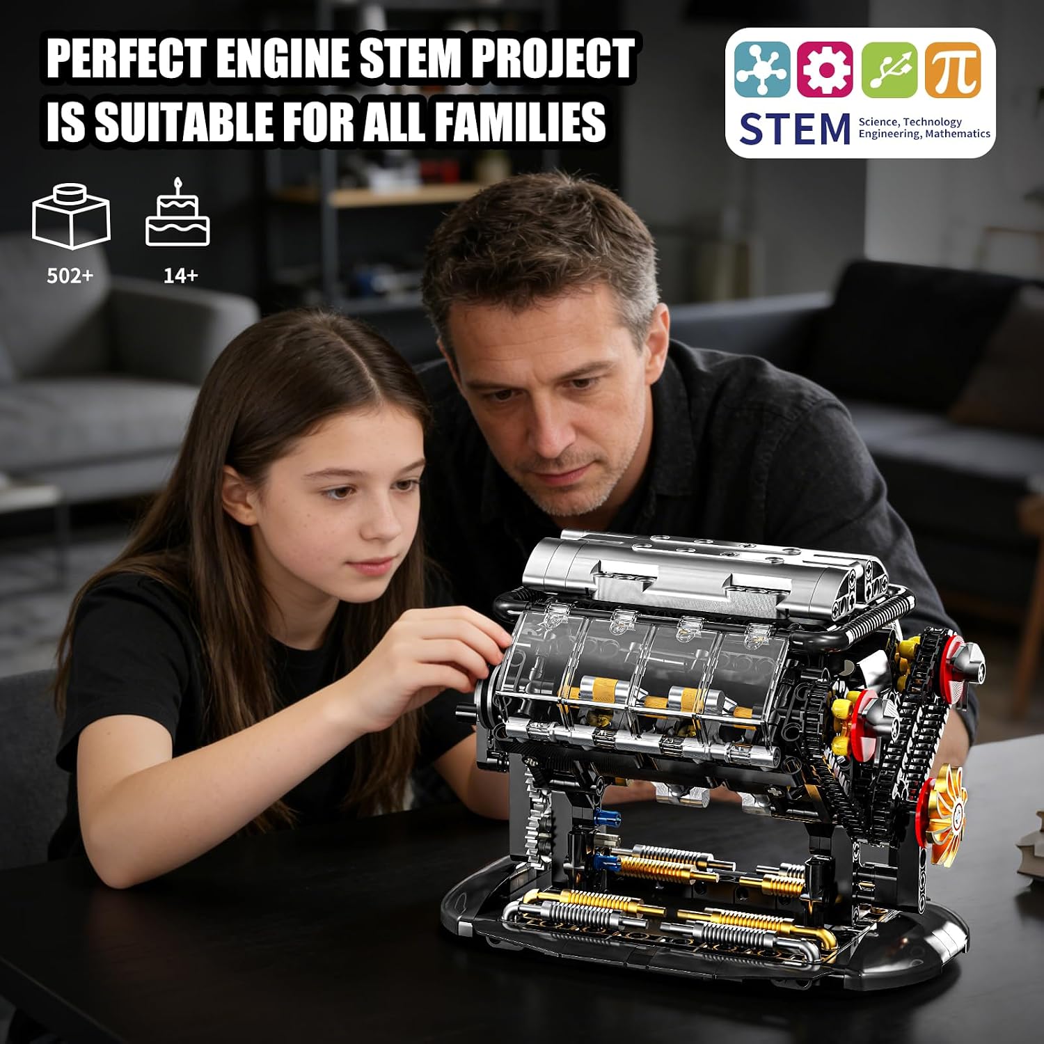 V8 Engine Building Blocks Sets, Mini V8 Engine Model Kit that Runs with Manual Joystick, Compatible with Lego Adults, STEM Physical Science Experiment Toy for Teens Boys 14+ (502 PCS)