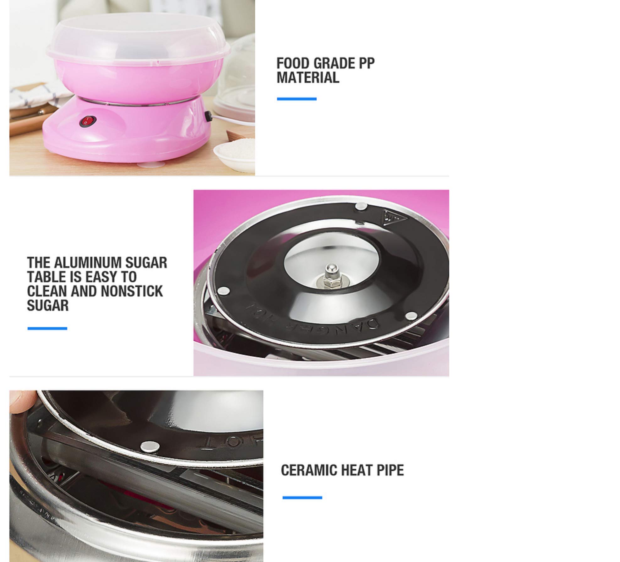 cotton Candy Machine 5 colors optional Cotton Candy Maker Hard Candy, Sugar Free Candy, Sugar Floss, Homemade Sweets for Birthday Parties - Includes 10 Candy Cones & Scooper (220V/50HZ, blue)