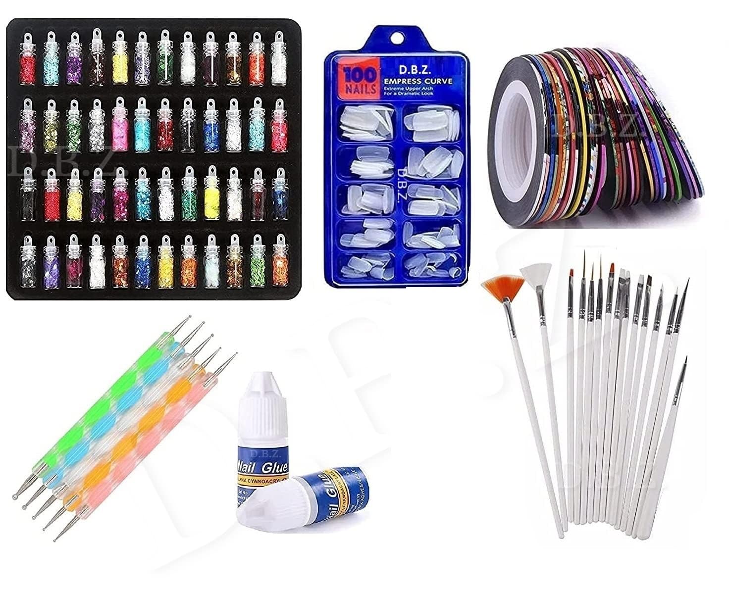 CARAPACE Nail Art Kit Glass Bottles Glitter Stones, 100 Nails, 10 Nail Tapes, 15 Nail Art brush, 5 Nail Dotting Pen with 2 Glue
