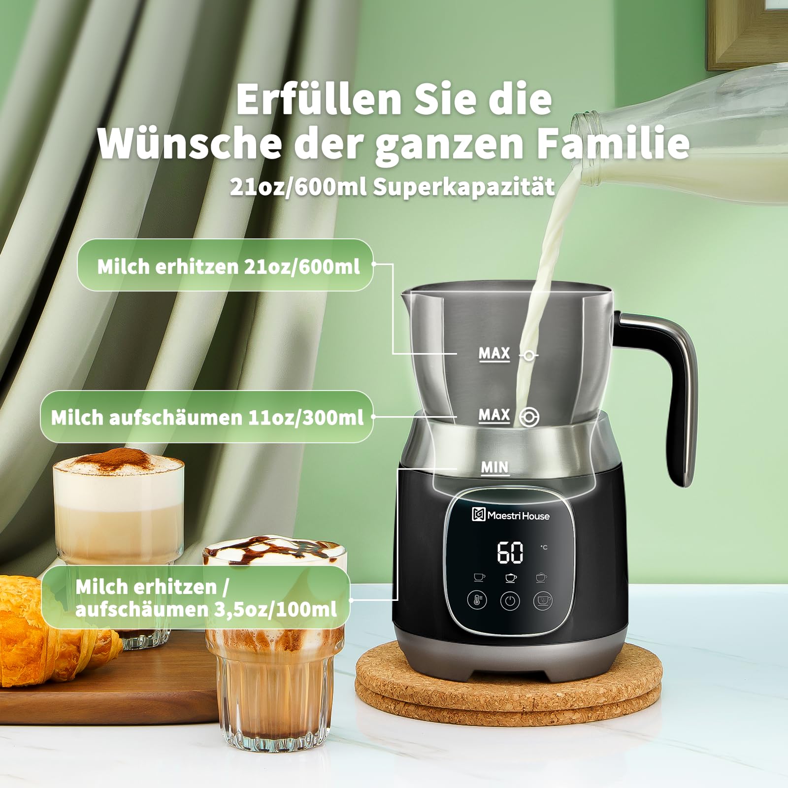 Maestri House 12-in-1 600ml Elektrischer Milchaufschäumer, Spülmaschinenfester Milchdampfer aus Edelstahl mit Variabler Temperatur und Schaum, Speicherfunktion für Latte,Heiße Schokolade,DualFro 600