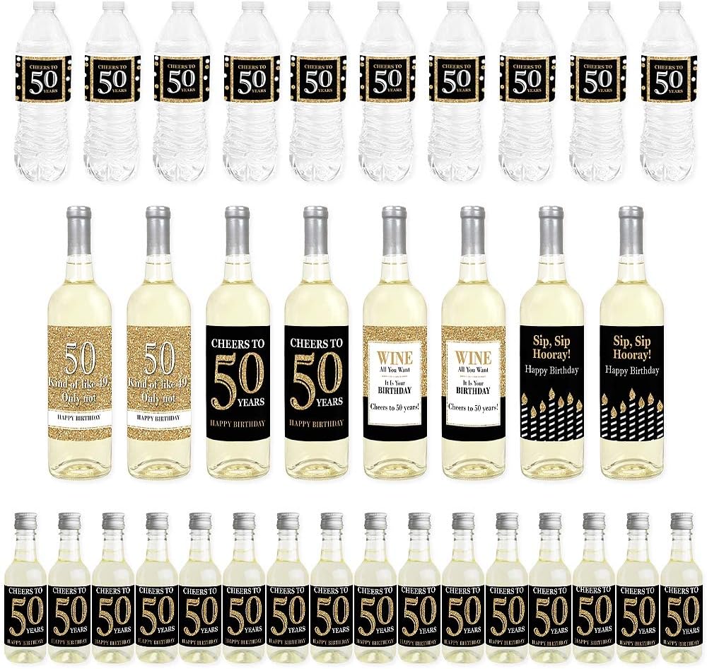 Big Dot of Happiness Adult 50th Birthday - Gold - Mini Wine Bottle Labels, Wine Bottle Labels and Water Bottle Labels - Birthday Party Decorations - Beverage Bar Kit - 34 Pieces