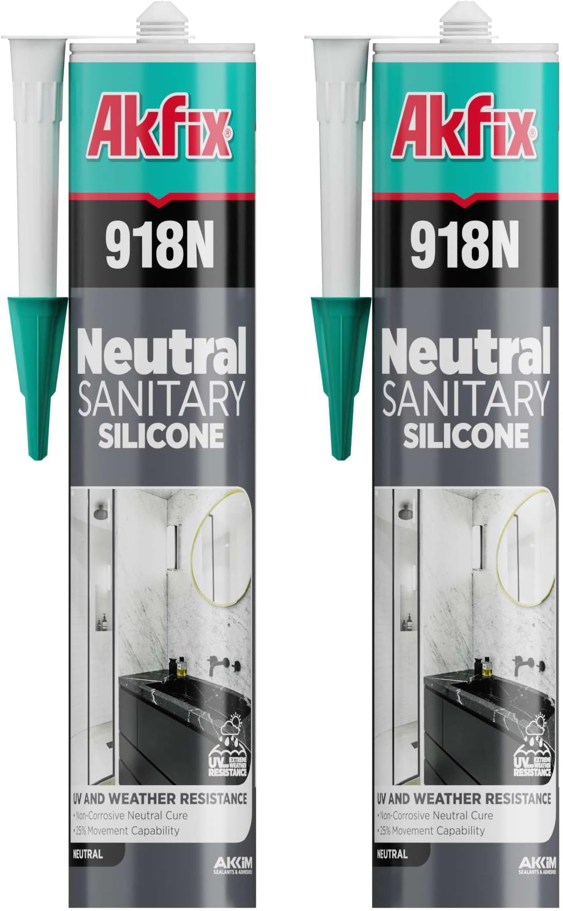 Akfix 918N Black 100% Silicone Caulk for Kitchen and Bathroom (2x10.5 fl.oz.) - Solvent-Free, Low Odor, UV & Water Resistant, Fast Curing, Non-sag, High Elasticity Silicone Sealant | Black, 2 Pack