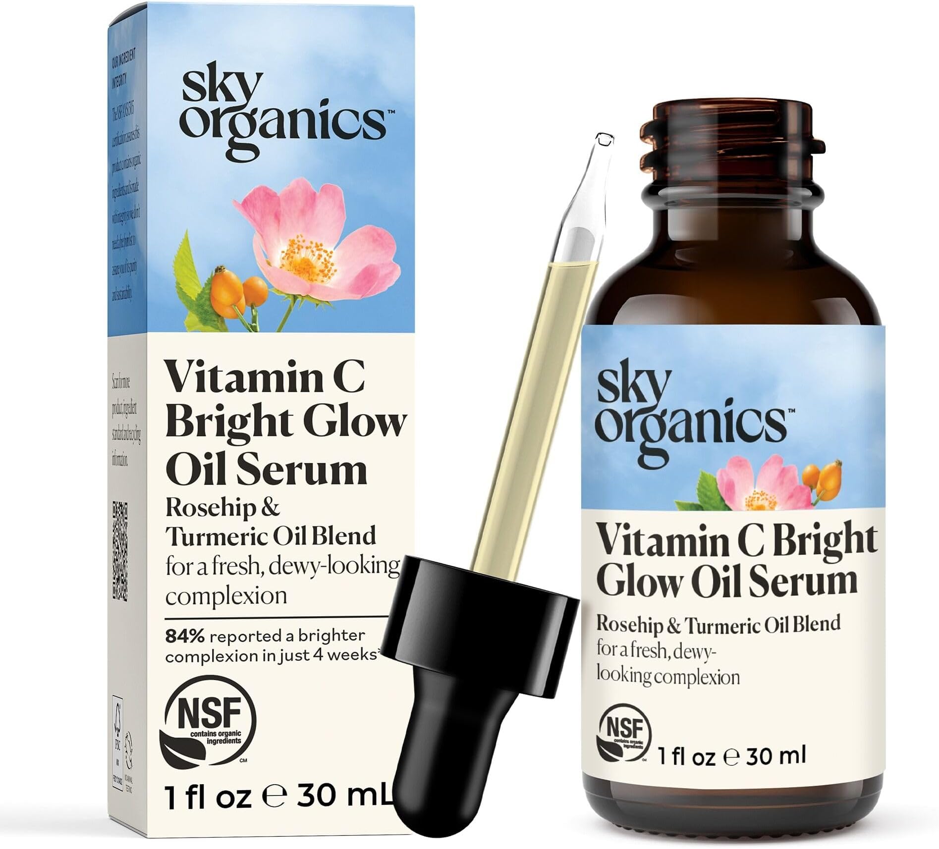 Sky Organics Bright Glow Face Serum,Vintamin C Serum, Helps Rejuvenate Dull Skin, Hydrating, Promotes Brighter-looking Complexion, with Vitamin E, Organic Jojoba Oil & Rosehip Oil, 1 fl oz