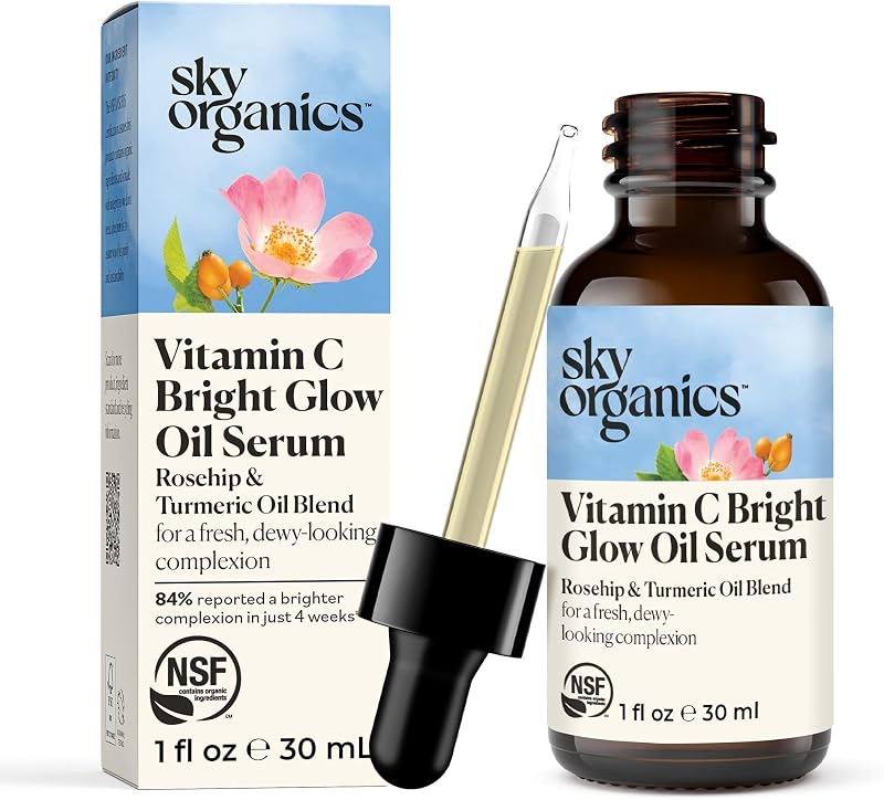 Sky Organics Bright Glow Face Serum,Vintamin C Serum, Helps Rejuvenate Dull Skin, Hydrating, Promotes Brighter-looking Complexion, with Vitamin E, Organic Jojoba Oil & Rosehip Oil, 1 fl oz