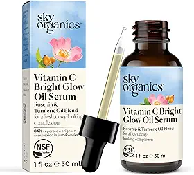 Sky Organics Sérum facial Bright Glow, sérum Vintamin C, ajuda a rejuvenescer a pele opaca, hidratante, promove uma aparência mais brilhante, com vitamina E, óleo de jojoba orgânico e óleo de rosa