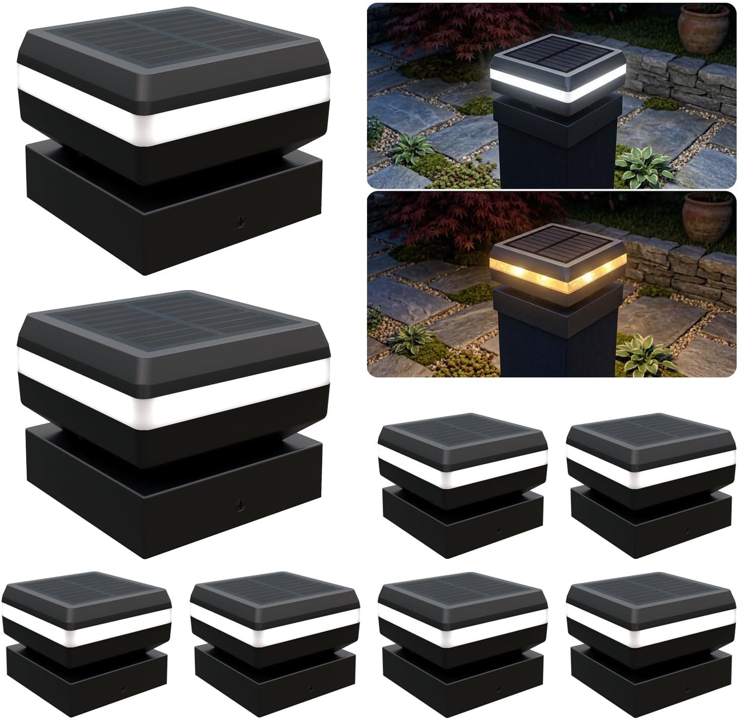 Modern Solar Post Cap Lights - 8 Pack, 2 Modes LED(3000K/6000K) Deck Fence Cap Light for 2x2, 2.5x2.5, 3x3 Posts, IP65 Waterproof, Decoration for Patio, Porch