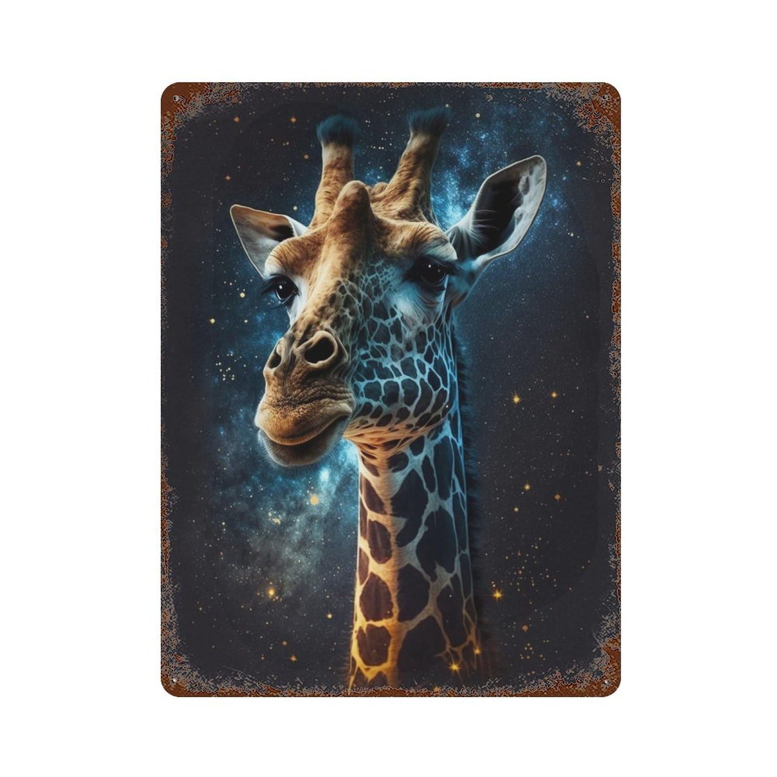 Rust Effect Giraffe in Space Artwork Vintage Rust Metal Sign 15.7"x11.8", Decorative Metal Wall Art for Shed, Workshop And Garage Wall Decor