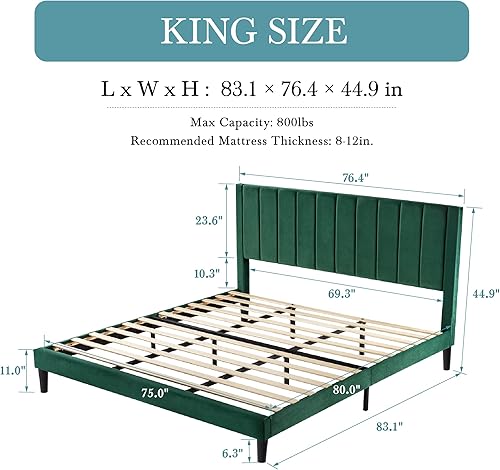Miniatura 27 de HOOMIC Base de cama de plataforma de tamaño matrimonial con cabecera de canal vertical tapizada de terciopelo de felpa, no necesita somier, fácil