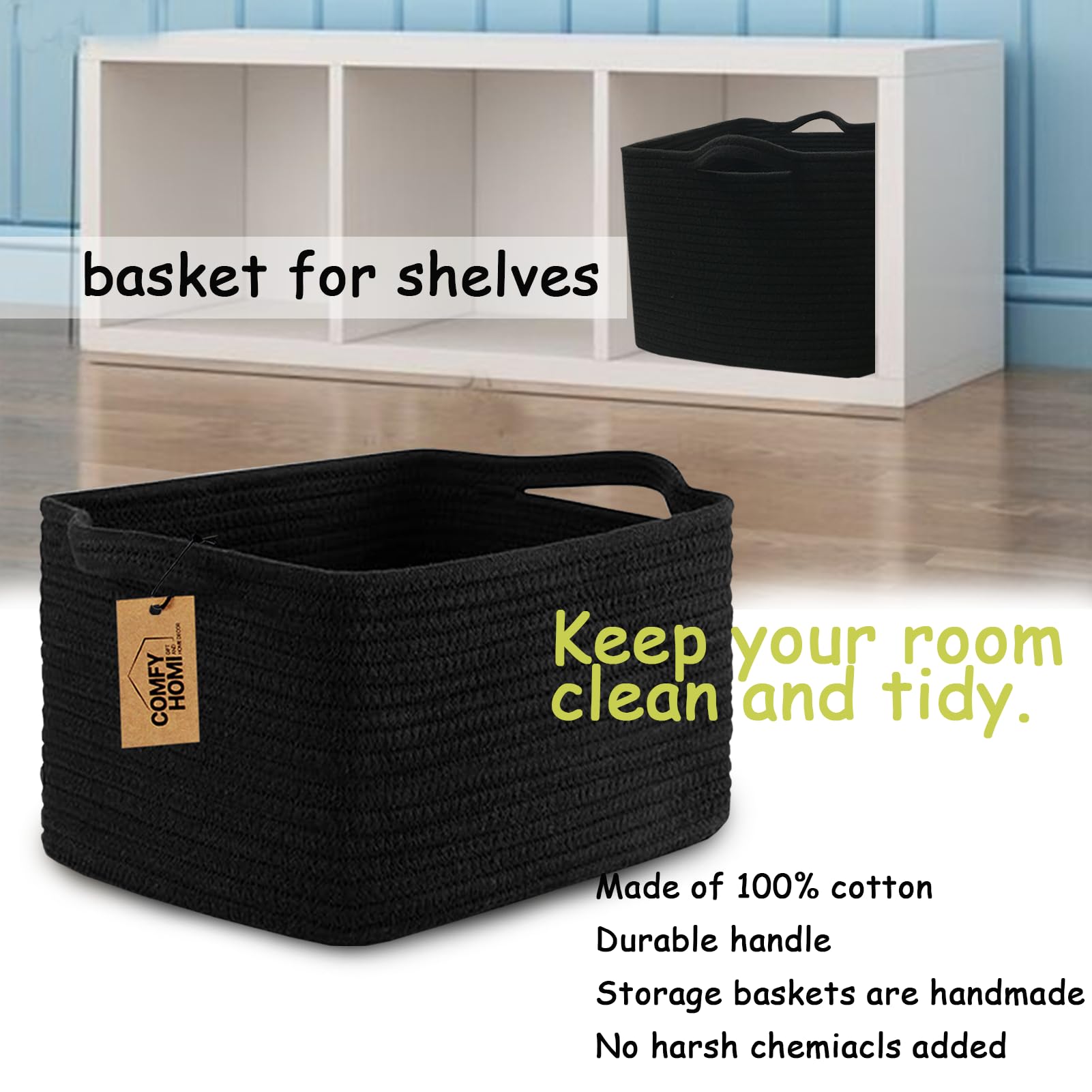 COMFY HOMI - Cesta de almacenamiento para estantes, cestas tejidas para almacenamiento, cesta de cuerda de algodón, organizador de almacenamiento de juguetes, cubo de almacenamiento, organización y