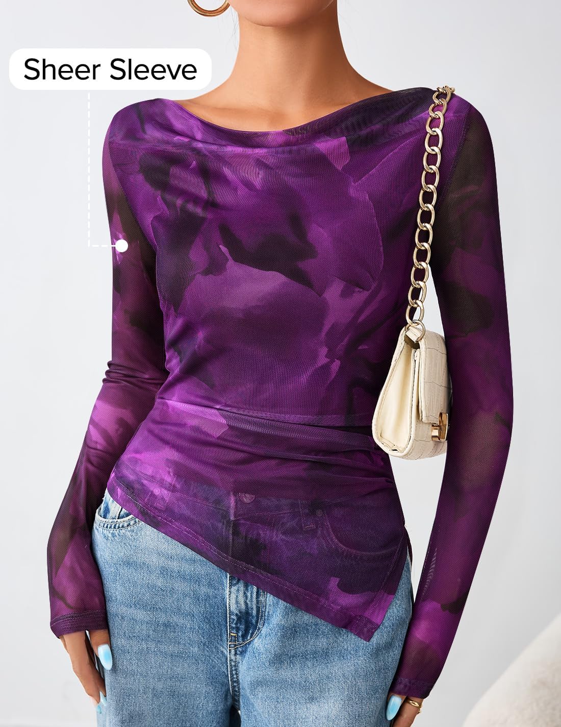 ZESICA Floral Mesh Off Shoulder Long Sleeve Tops for Women 2026 Y2k Double Lined Sheer Spring Going Out Shirts - Image 2