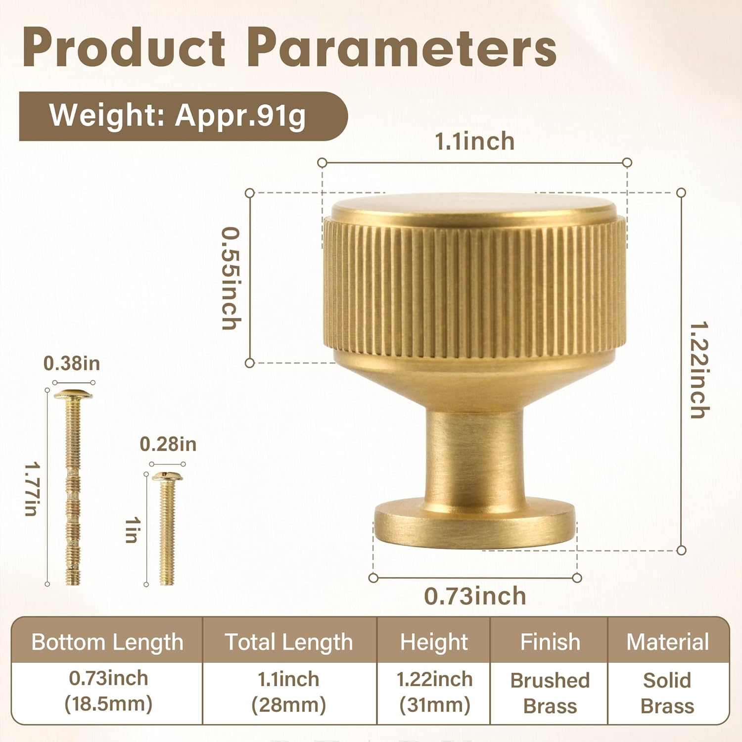 Jovenille-Solid Brass Kitchen Cabinet Drawer Knobs 5 Pack, Brushed Gold Modern Dresser Cupboard Wardrobe Pulls, 1.1 Inch (28mm) Brushed Brass Furniture Door Handles for Vantity Bathroom Closet