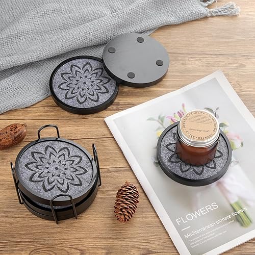 Miniatura 7 de Elegantes posavasos de madera negra con fieltro gris y soporte, juego de 6 posavasos de madera rústica de 4.33 pulgadas para protección de mesa de