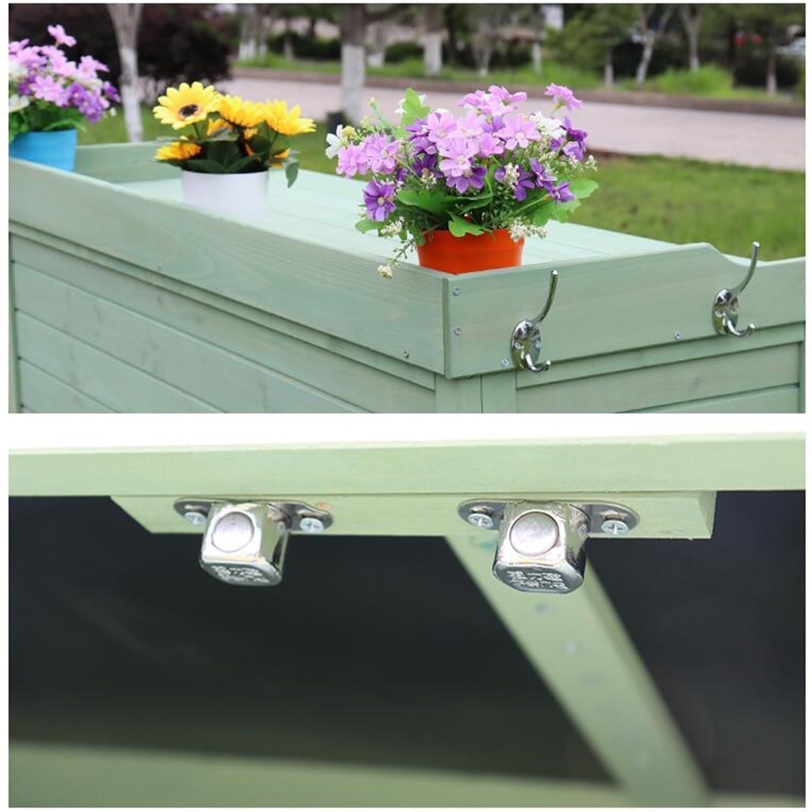 Outdoor-Pflanztisch mit Metallarbeitsplatte - Wasserdichter UV-beständiger Doppeltür-Schuppen, Werkzeugorganizer mit Fächern für Garten, Terrasse & Rasen(Light beige)