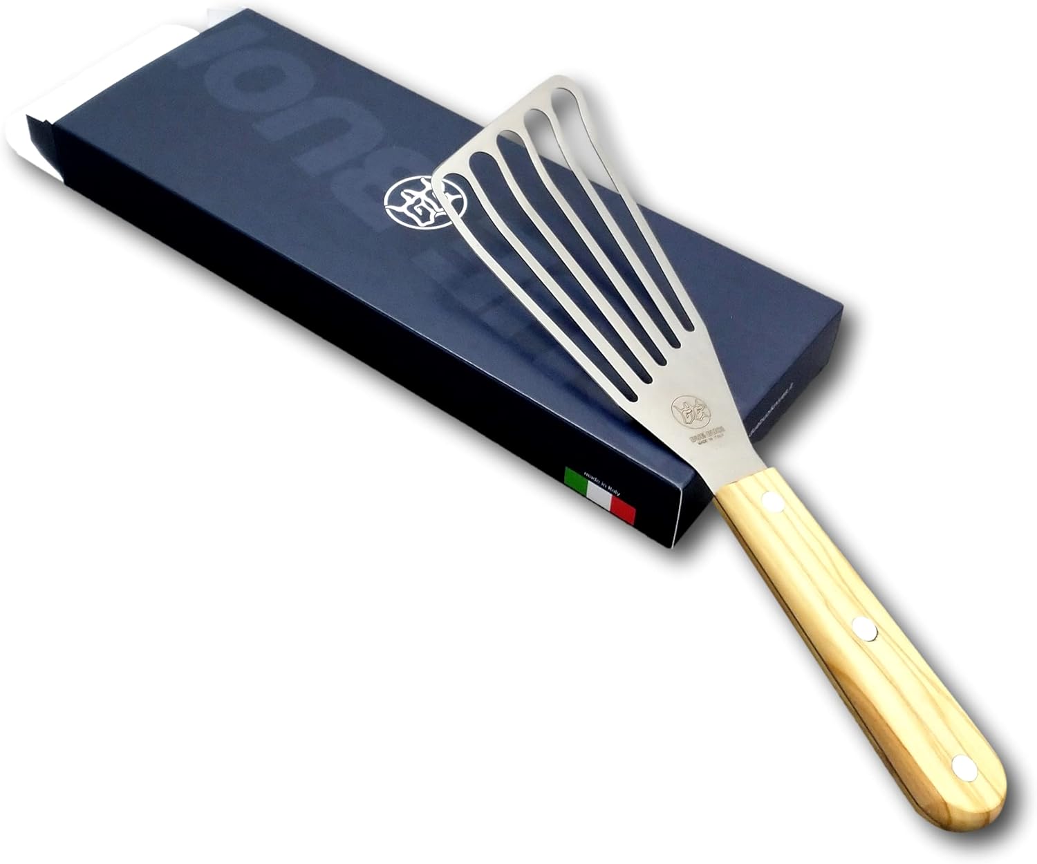 DUE BUOI Flexible Right Hand Turner Olive Wood Handle Spatula - Blade dimension 3" x 6"1/3. Professional quality restaurant. Kitchen bbq grill griddle fish fry.