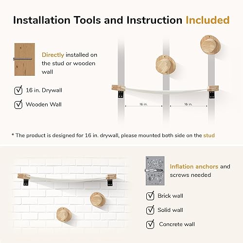 Miniatura 4 de FUKUMARU Muebles de pared para gatos, juego de 2 estantes de escalada, estante de madera de goma maciza para gatos, perchas para gatos para dormir