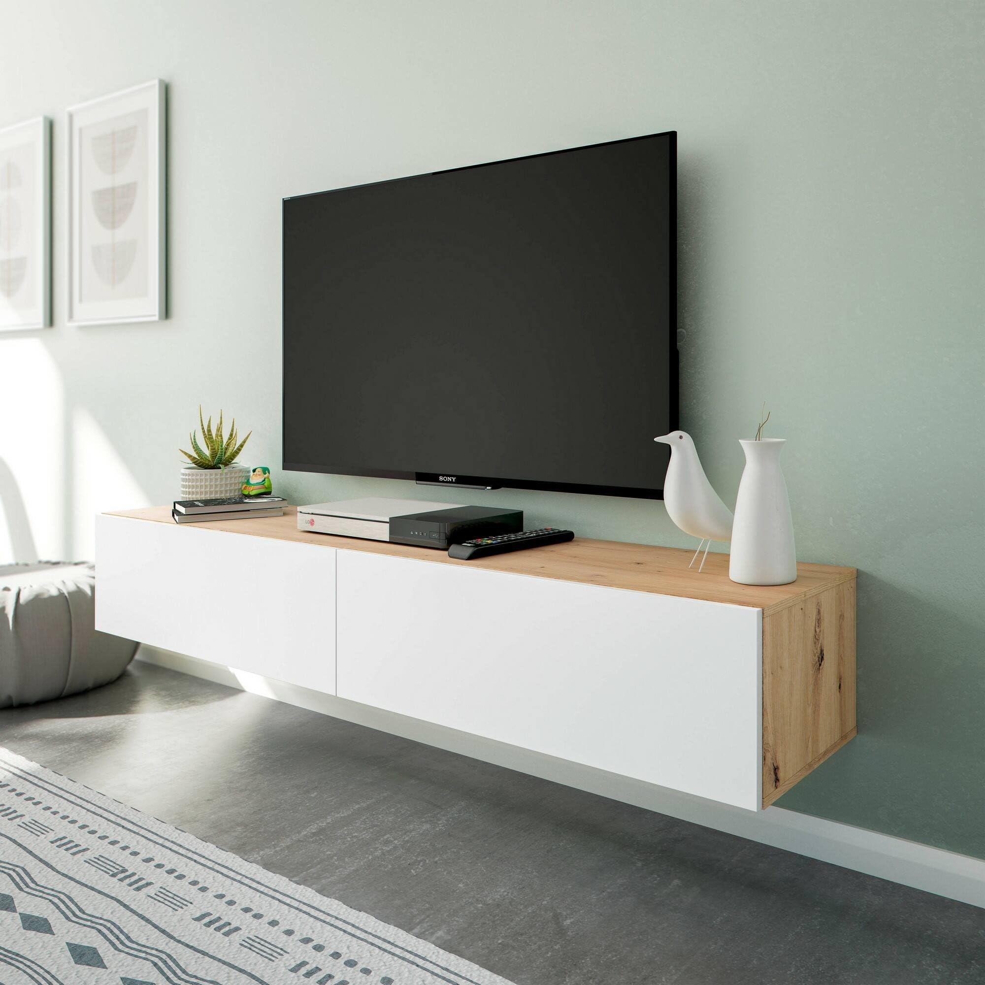 Dmora - Mobile porta TV Vincennes, Porta TV a 2 ante, Mobile sospeso soggiorno, 180x35h28 cm, Rovere Nodi e Bianco