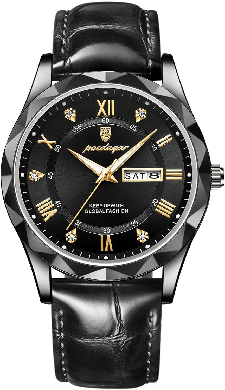 Gosasa Fashion Men's Business Casual Quartz Luminous Waterproof Date Wristwatch with Leather Strap (Black)
