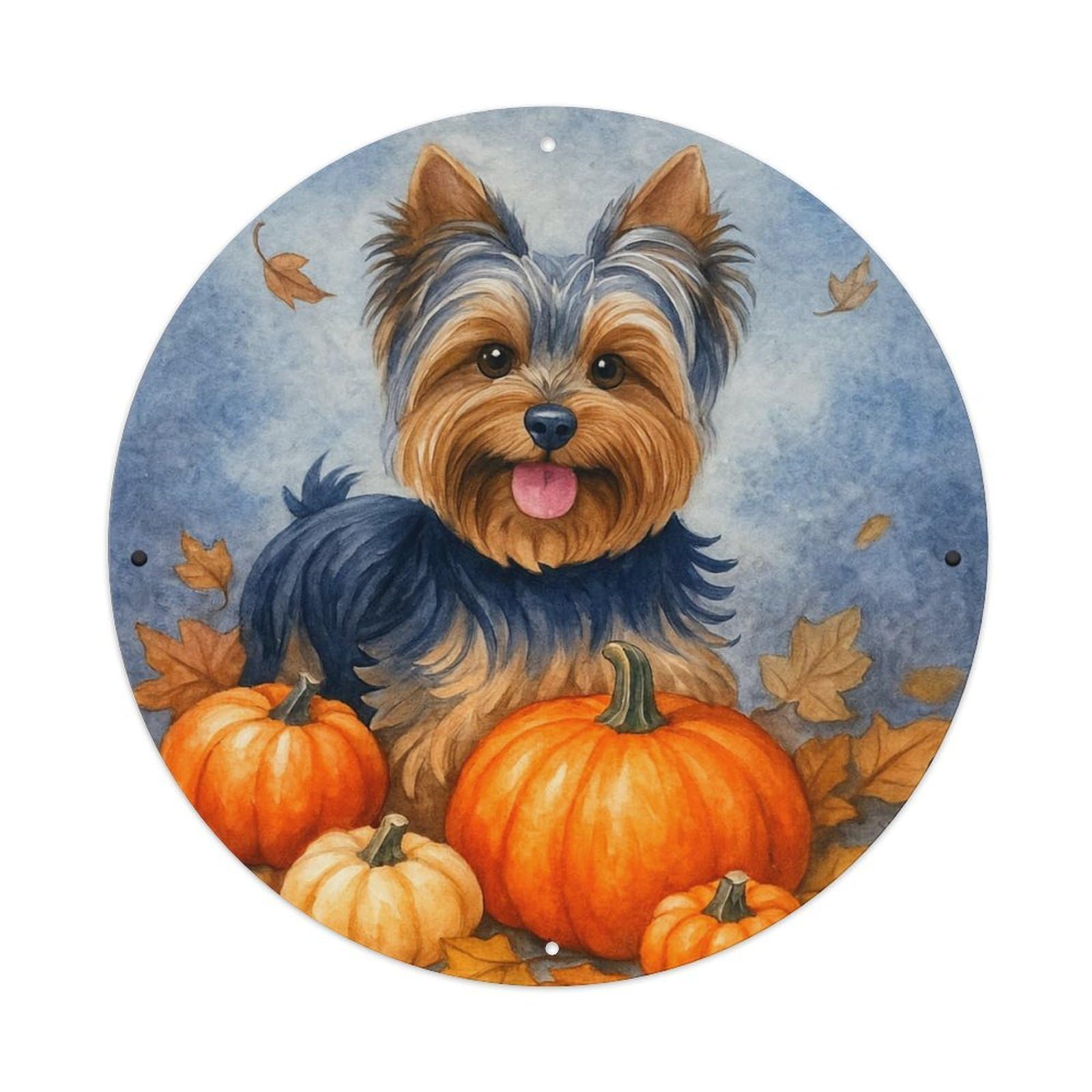 Yorkie Pumpkin Autumn Leaves Dog Round Metal Tin Sign Vintage Wall Decor, Bar Garage Cafe Kitchen Home Wall Art Poster 8x8inches
