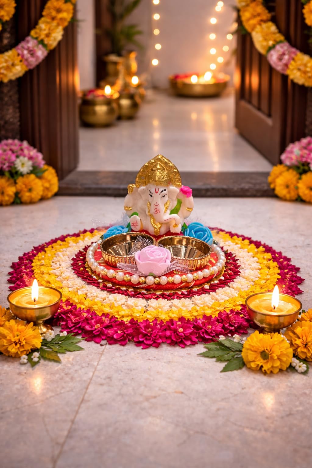 Nutts Lord Ganesh & Laxmi Ji Chandan Roli Kumkum Chawal Plater Holder Home Decorative Items for Pooja and Gift Purpose Set of 2 (Tealight-33) 1