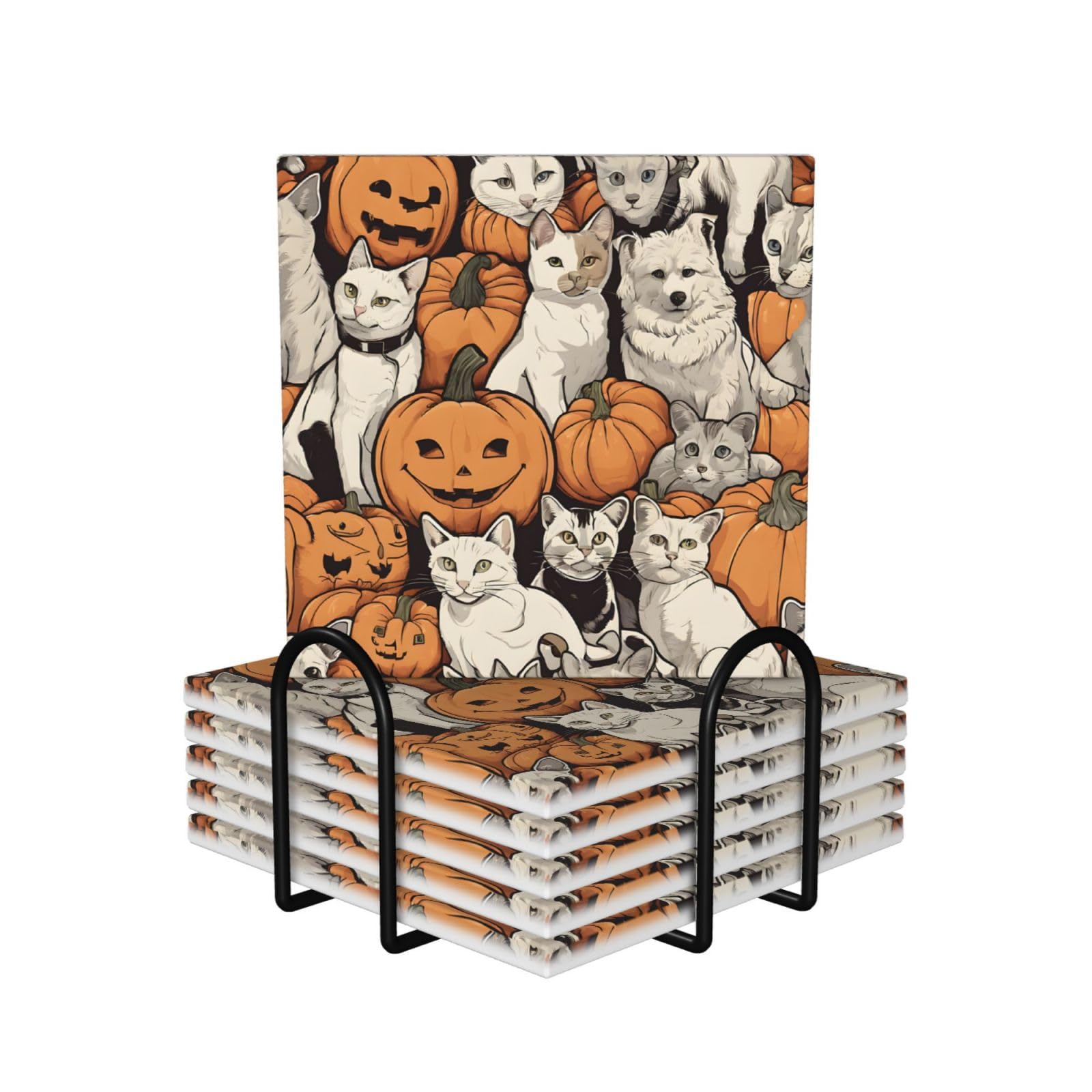 Dessous de verre en céramique lot de 6 carrés motif chapeau de sorcière avec support pour table