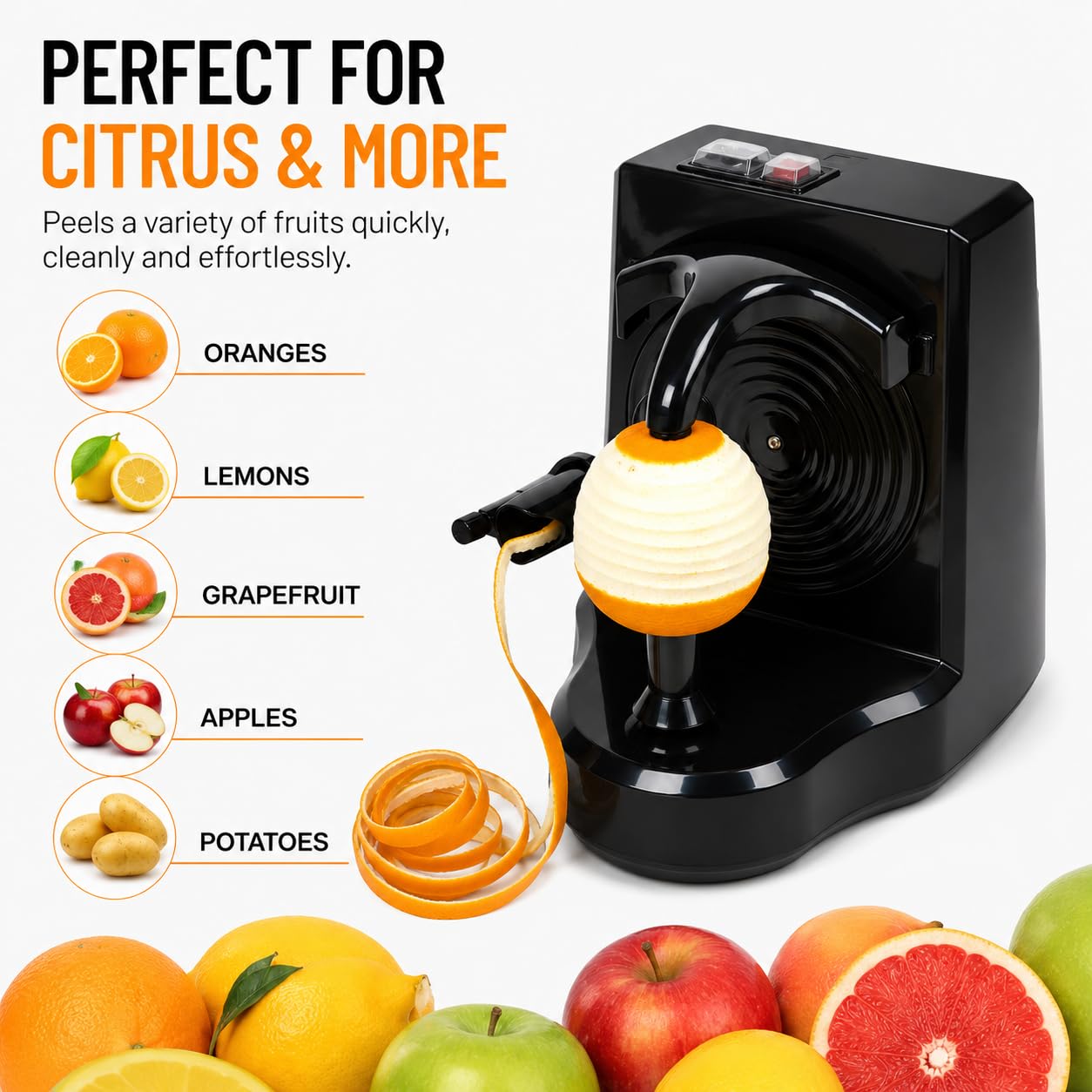 Pelador Eléctrico de Frutas y Verduras, Máquina Automática para Pelar Naranjas, Cítricos, Manzanas y Patatas, Cuchilla de Acero Inoxidable, Negro (Negro)