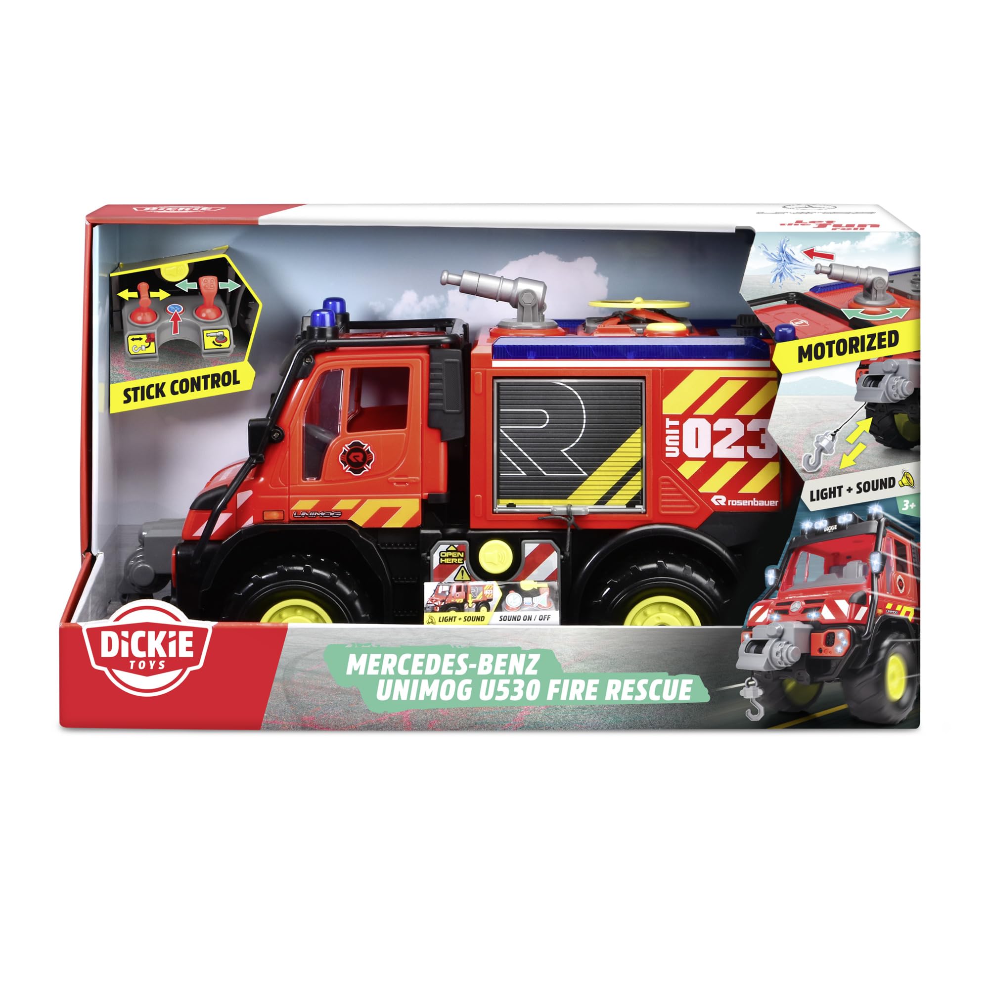 Dickie Toys - Unimog U530 Fire Rescue (50 cm) - Grande camion dei pompieri con spruzzatore d'acqua e verricello a corda tramite controller, giocattolo per bambini a partire dai 3 anni con luce e