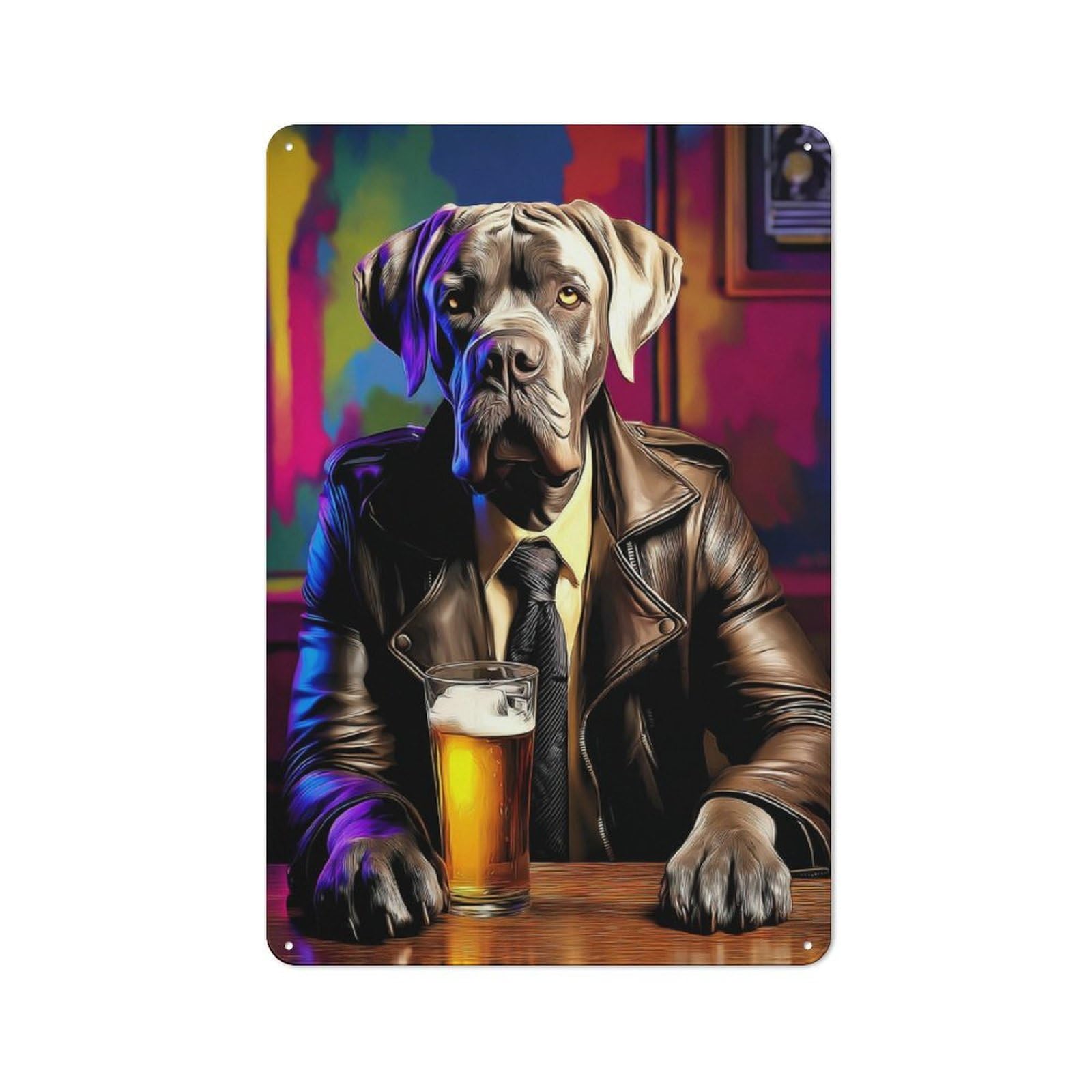 Junmoney Dog In Leather Jacket With Beer -1 Retro Tin Sign 30X20cm For Hallway Wall, For Home Decor Fans Who Collect Metal Signs