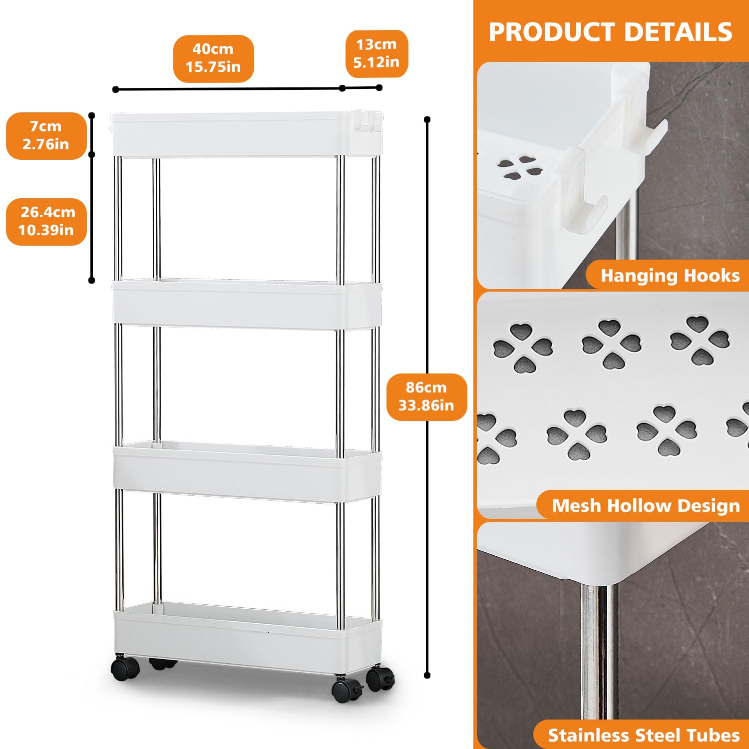 Carrito Auxiliar con Ruedas Cocina, Carro de Almacenamiento Rodante de 4 Niveles, Multifuncional Organizador Carrito Cocina para baño, lavadero, Espacio Estrecho, Plástico, 40 x 13 x 86 cm