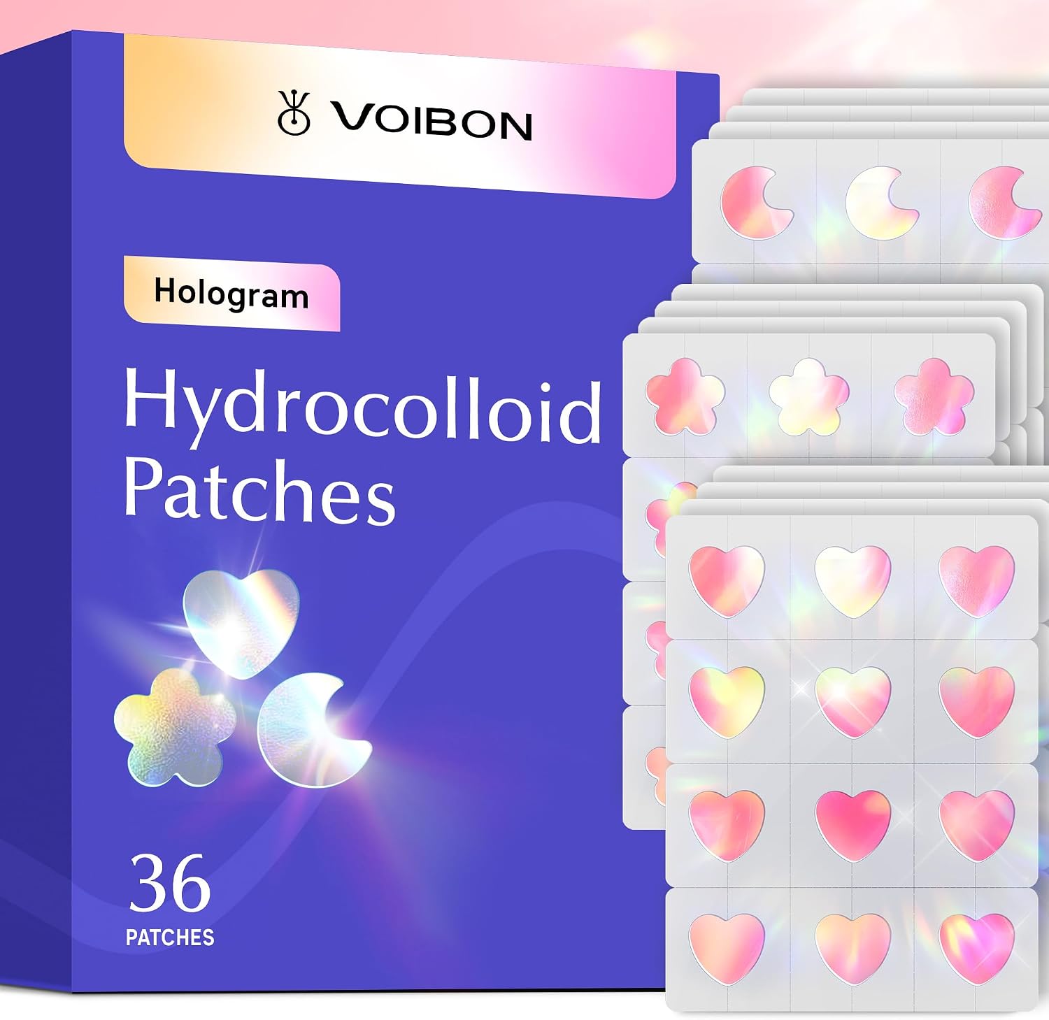 Hologram Pimple Patches for Face, Cute Hydrocolloid Acne Patches, Salicylic Acid & Tea Tree Colorful Heart Spot Stickers,Zits & Blemish,Blue Pink Moon Flower,Zit Patches,12MM(36 Count)