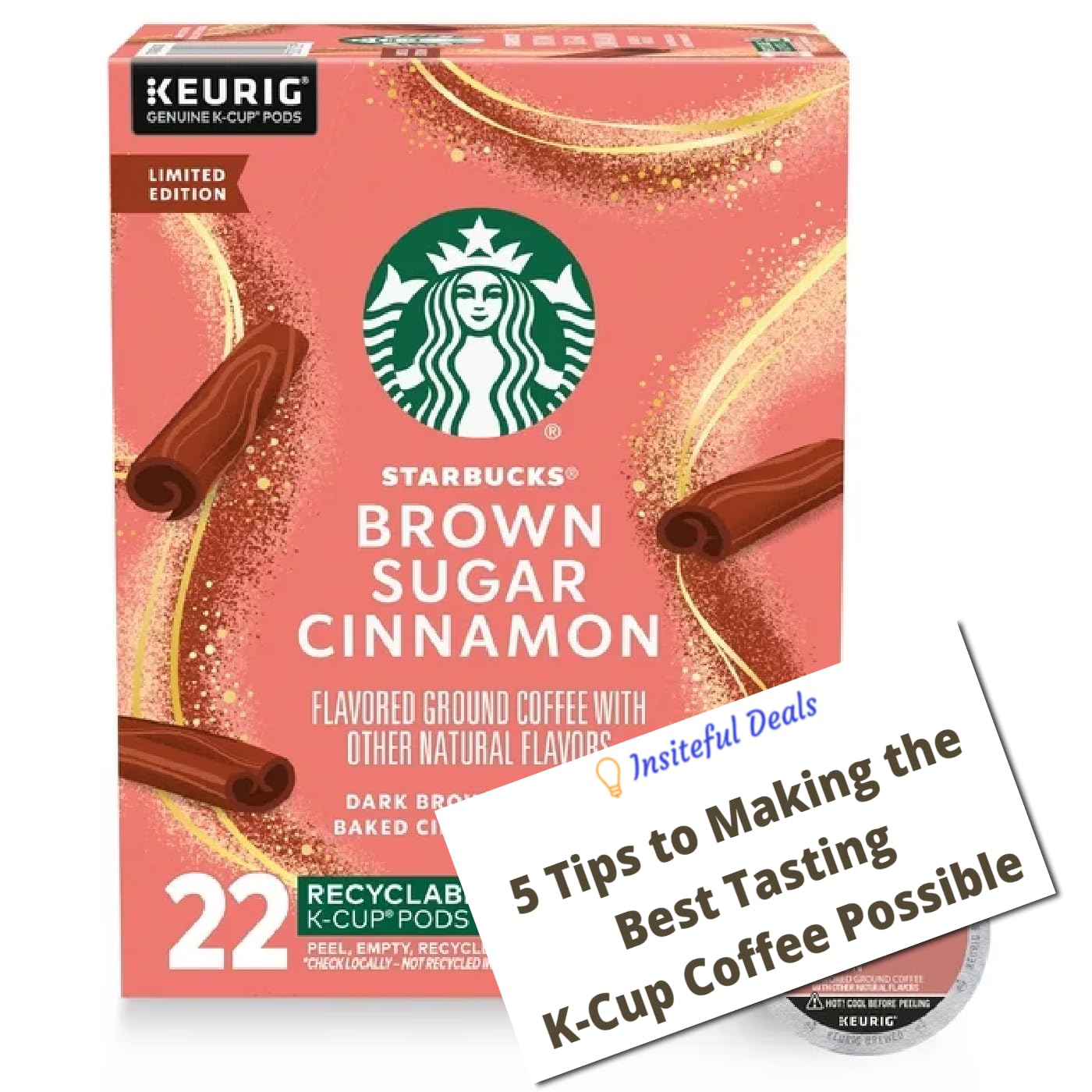 Brown Sugar Cinnamon K-Cup Coffee Pods Bundle with Coffee Pods Brewing Tips Card Exclusively from Insiteful Deals - Medium Roast K-Cups for Keurig Brewers - 1 box 22 count (ct) pods