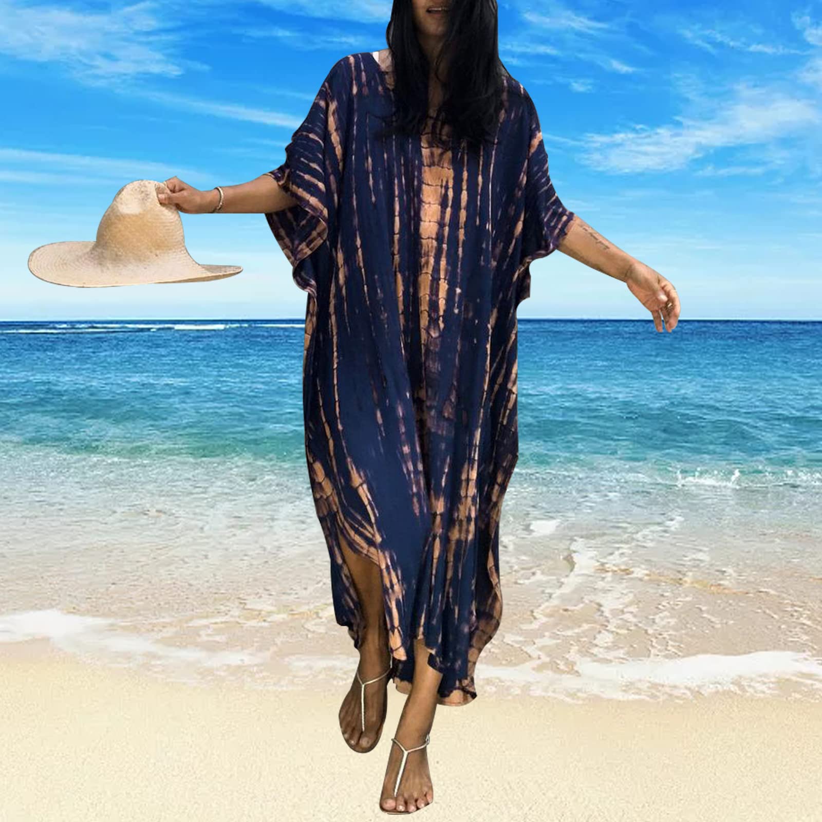 Damska sukienka kaftanowa luźna tunika z krótkim rękawem kimono strój kąpielowy plażowy
