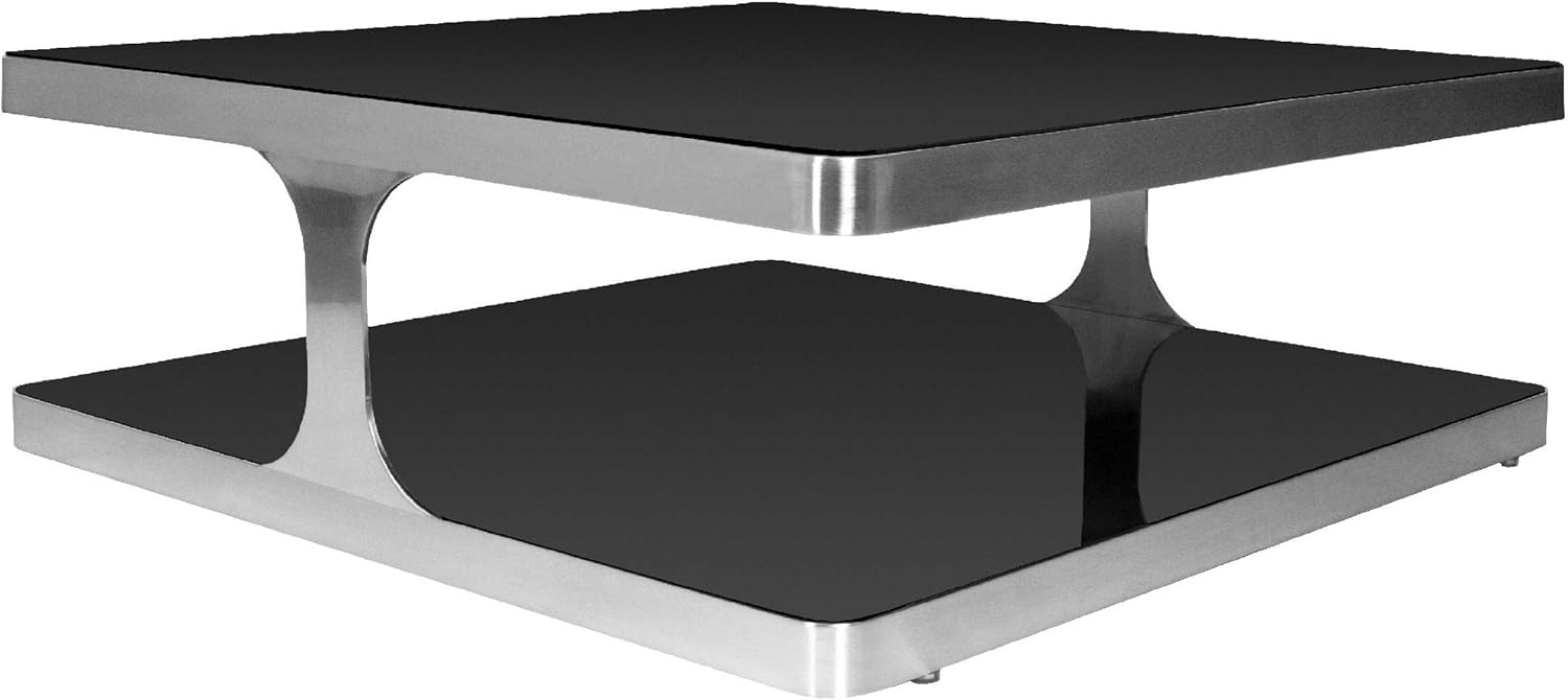 Diego Square Cocktail Table with Black Glass Top Shelf and Brushed Stainless Steel