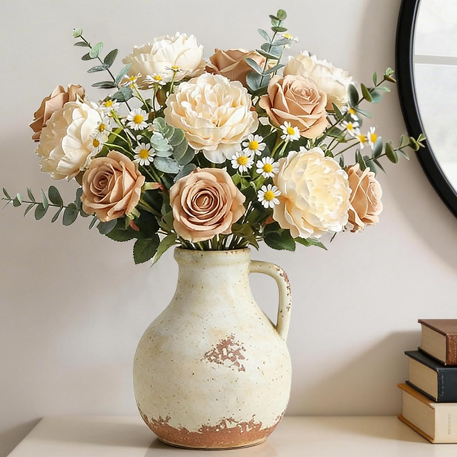 Ceramic Flower Vase Home Decor - 7.1 Inch Farmhouse Vases Rustic Vintage Living Room Kitchen Bedroom Decorations for House Book Shelf Office Coffee Desk Dining Fireplace