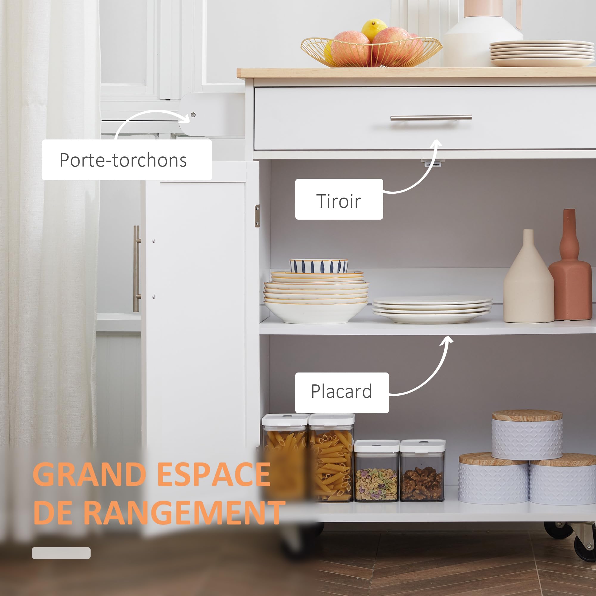 HOMCOM Desserte de Cuisine sur roulettes Chariot de Service Ilot de Cuisine avec tiroir de Placard et Porte-torchons - 83l x 45P x 91,5H cm Blanc