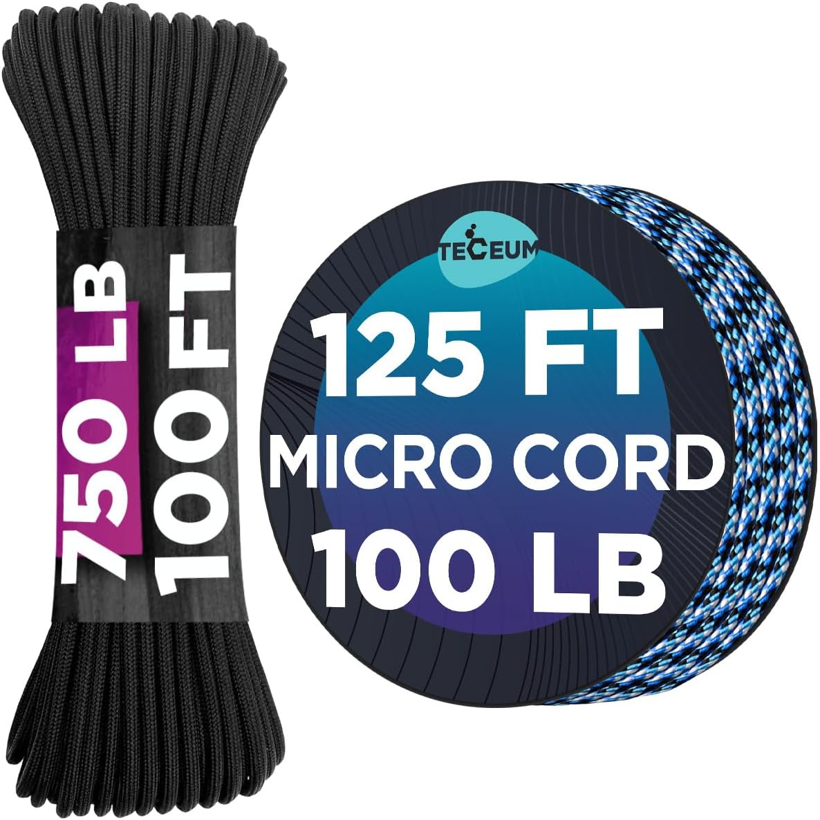 Bundle of 2 Items – TECEUM Paracord Type IV 750lb Black 50ft & Micro Paracord – 1.18 mm x 125 ft – Nylon Strong Tactical MIL–SPEC Parachute Cord – Micro Utility Cord – Camping Hiking Military