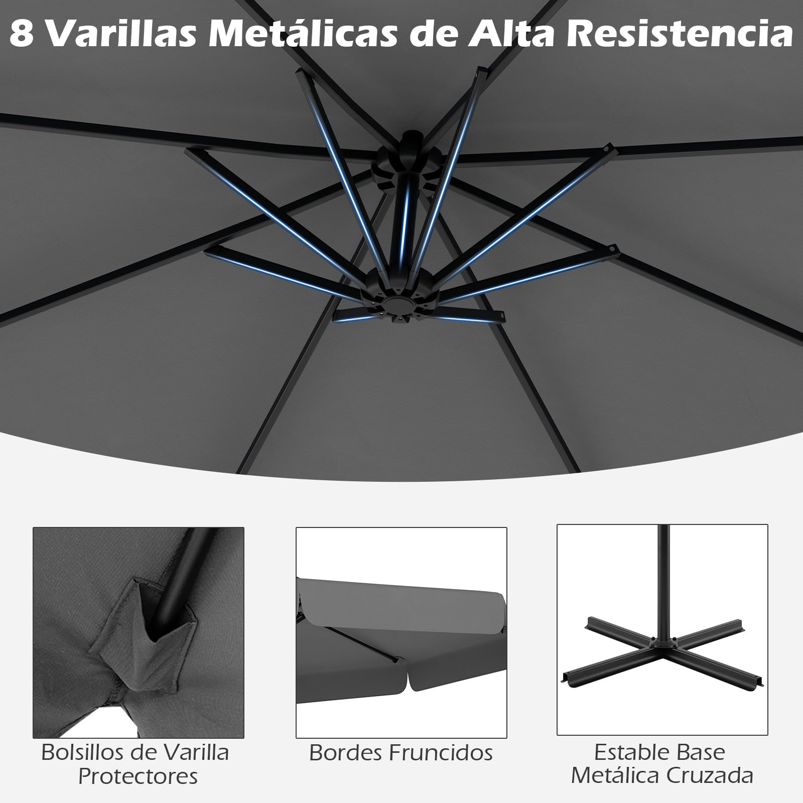 COSTWAY Sombrilla Terraza Exterior Ø290, Parasol para Patio con Funda, Sombrilla Cantilever para Jardin con Ajuste de Inclinación 35°, Manivela, 8 Varillas, Parasol para Jardín Piscina Terraza