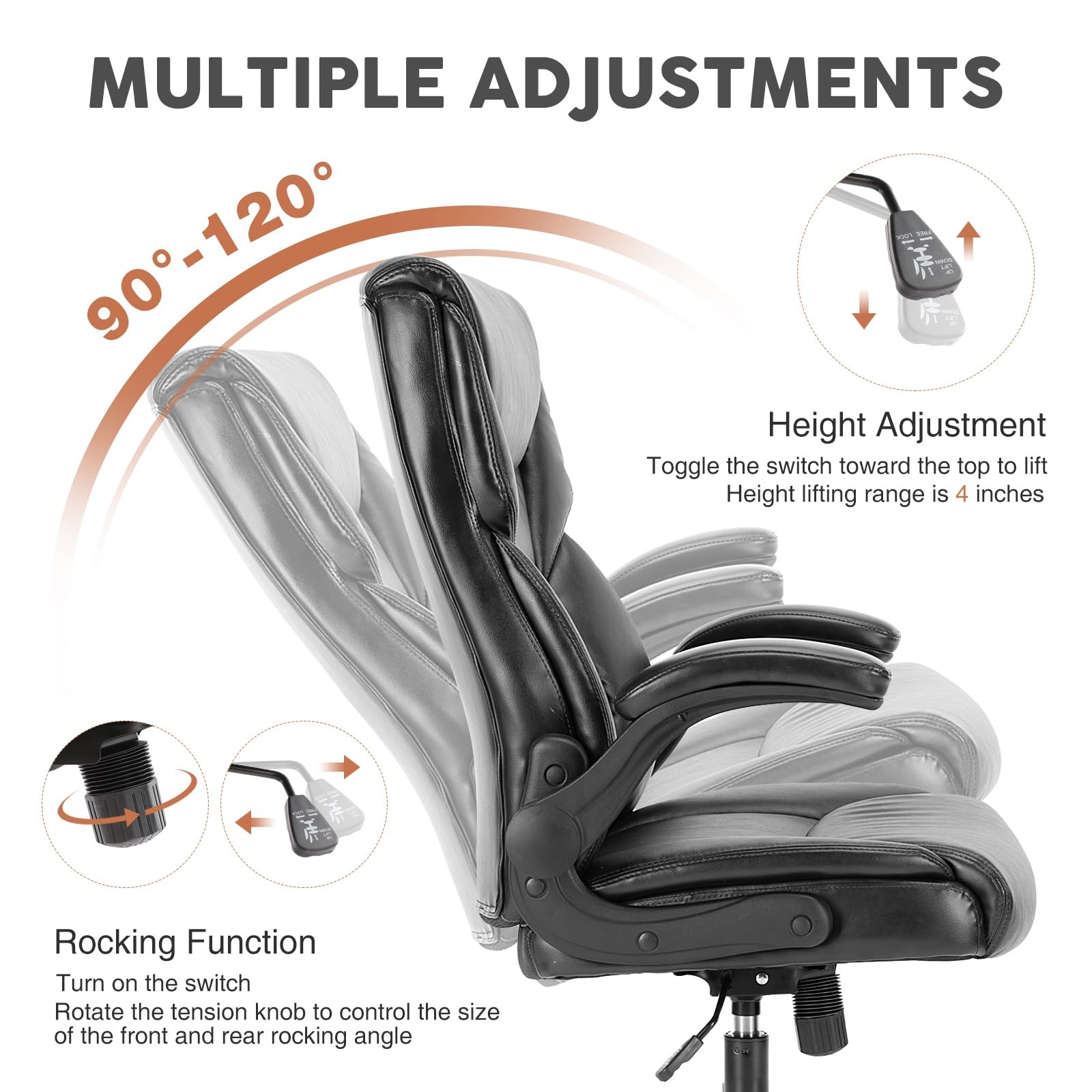 Silla de Oficina ergonómica de Cuero con Respaldo Ajustable a 120° y Capacidad de 125 kg (275 lbs) - Silla de Ordenador de Respaldo Alto con reposabrazos abatibles y Ruedas Flexibles de 360°