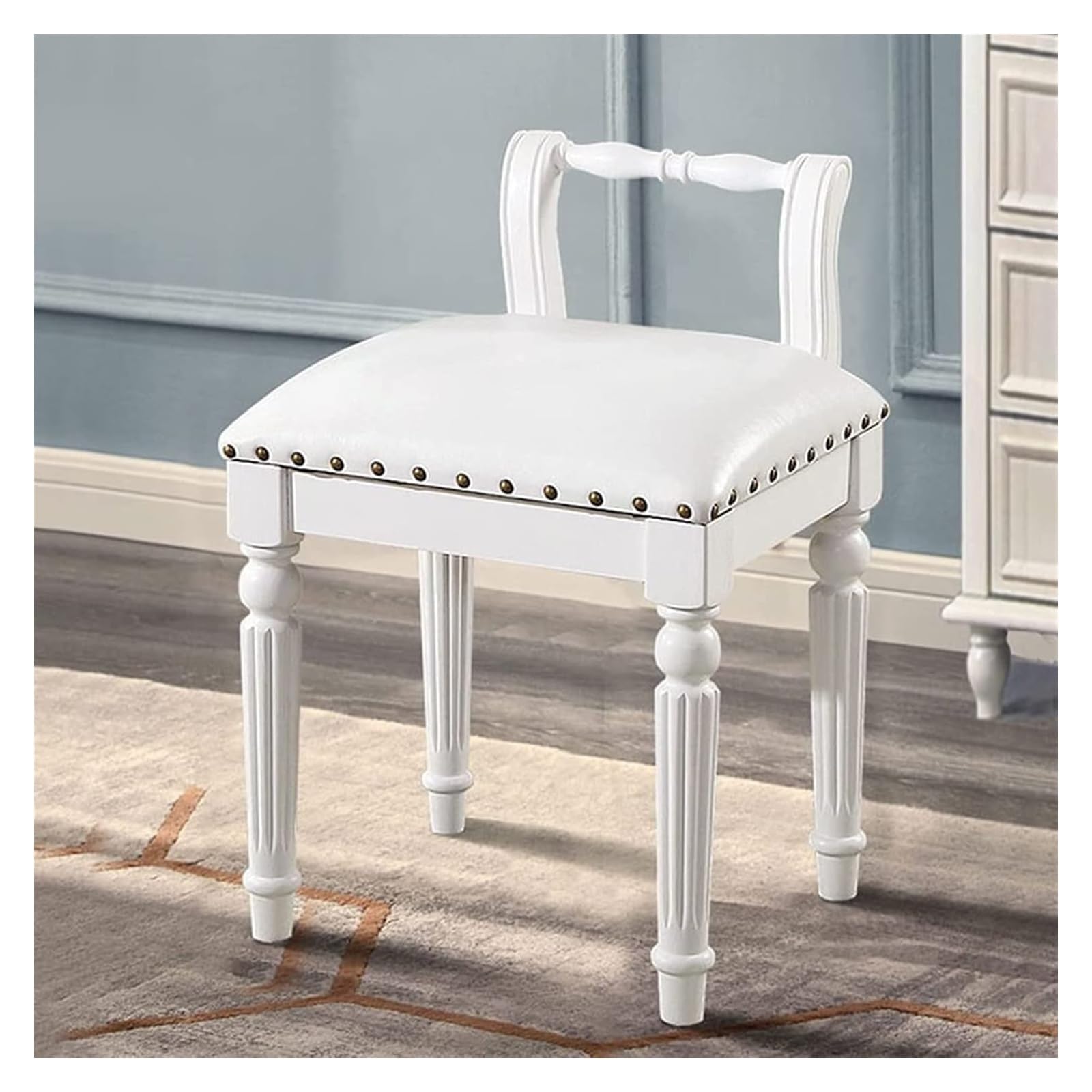 JIOWEUOE Sgabello da spogliatoio, sgabello per pianoforte, sgabello da toletta in legno, sedia con schienale semplice, sgabello da trucco per camera da letto, sgabello da spogliatoio, bianco-3, bianco