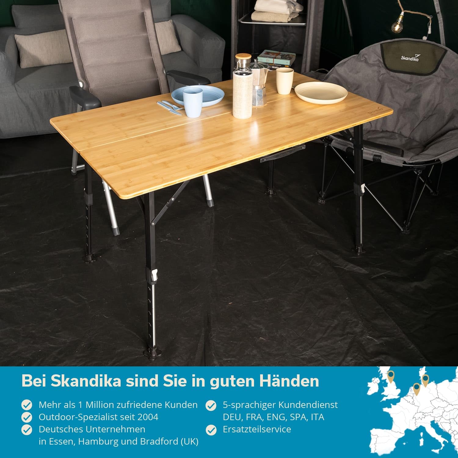 Skandika Campingtisch Tobro | Klapptisch mit Bambus Tischplatte, klappbar, stufenlos höhenverstellbar, 100 kg belastbar, wetterfest, Tragetasche | Outdoor Tisch, Camping, Balkon