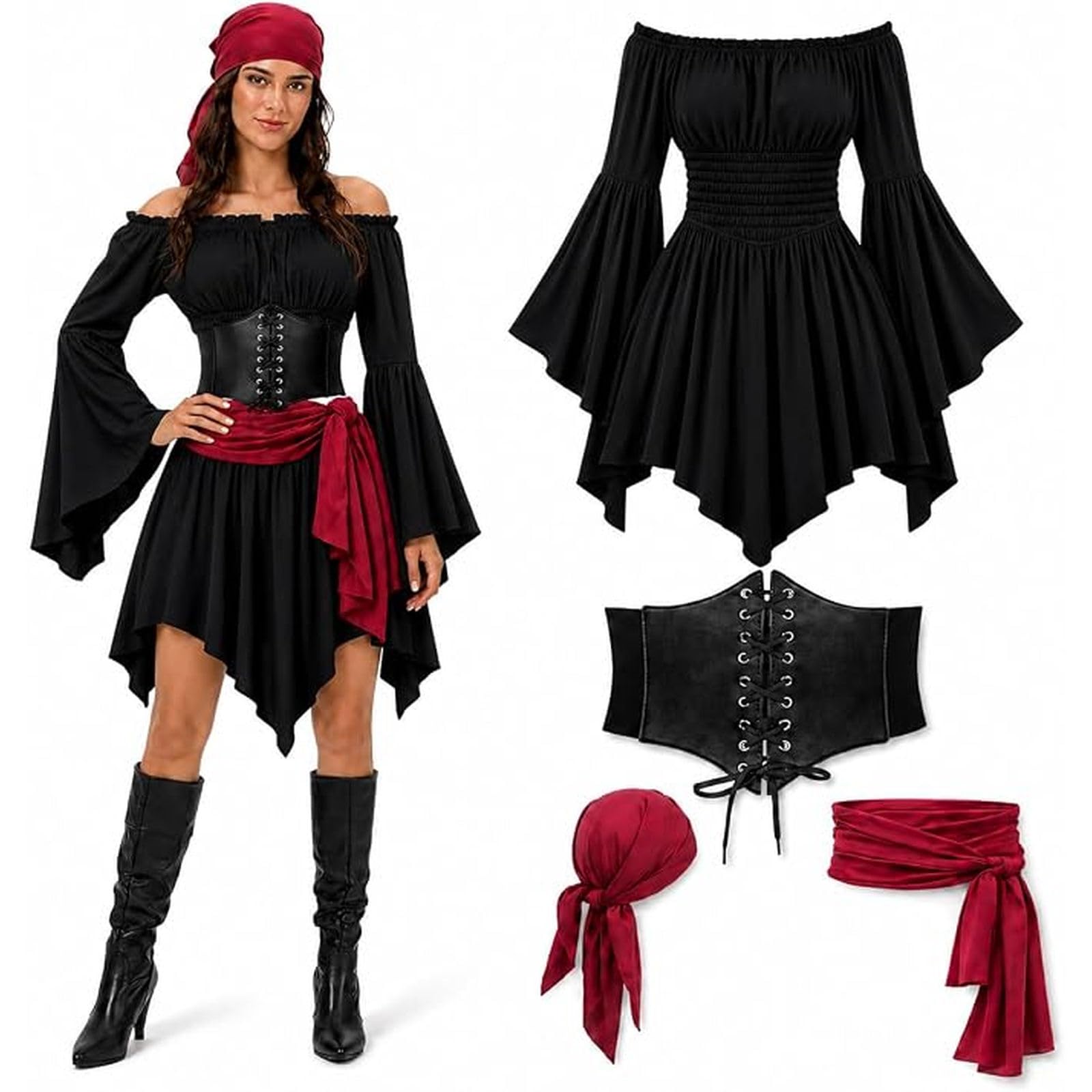 Pirate Costume Women Fancy Dress For Adults Halloween Costumes 4 PCS Womens Pirate Costume Adult Ladies Caribbean-Costumes For Cosplay Party Plus Size Medieval Dress Outfits Clothing