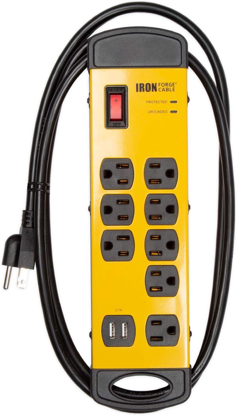 8 Outlet Heavy Duty Surge Protector Power Strip with Built-in Circuit Breaker, 14/3 SJT Black & Yellow with 6 ft Extension Cord